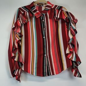 Woman's Sheer Ruffle Edge Stripe Blouse